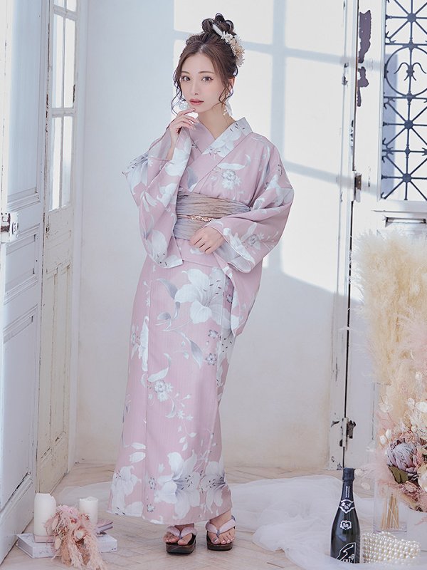 画像4: 【即日発送】【浴衣セール！】【浴衣】大人スウィート/ ピンク地に百合の大人浴衣  【浴衣３点セット 浴衣/帯/下駄】[YMT] (4)