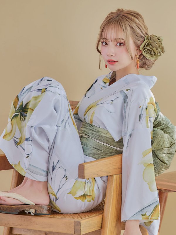 画像14: 【即日発送】イエローフラワーと木蓮浴衣  【浴衣３点セット 浴衣/帯/下駄】[YMT] (14)