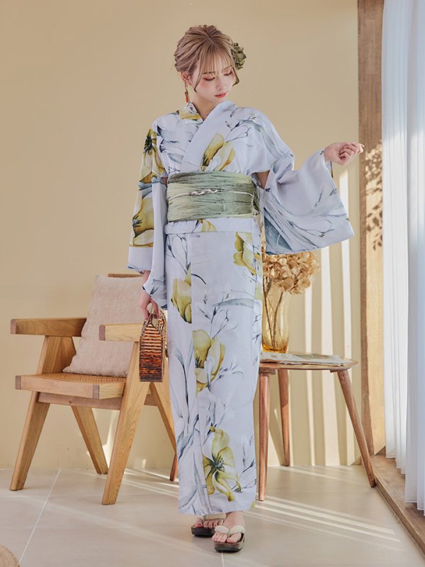 画像4: 【即日発送】イエローフラワーと木蓮浴衣  【浴衣３点セット 浴衣/帯/下駄】[YMT] (4)