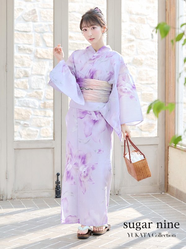 画像2: 【即日発送】【浴衣】ストライプ地 /グラデーション木蓮浴衣  【浴衣３点セット 浴衣/帯/下駄】[YMT] (2)