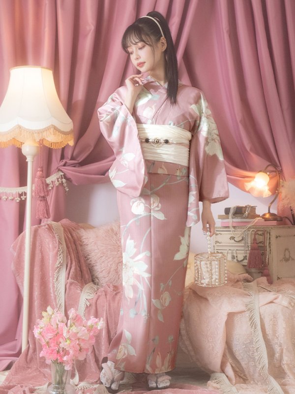 画像4: 【浴衣セール！】【即日発送】【浴衣】大人スウィート/ピンク地フラワー浴衣【浴衣３点セット 浴衣/帯/下駄】[OF04] (4)