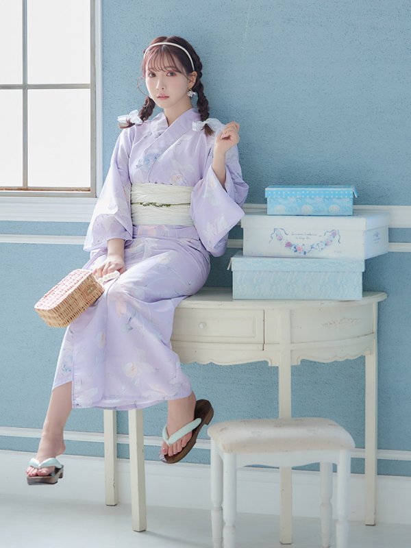 画像12: 【浴衣セール！】【即日発送】 ライラックの可憐な花浴衣  【浴衣３点セット 浴衣/帯/下駄】[YMT] (12)