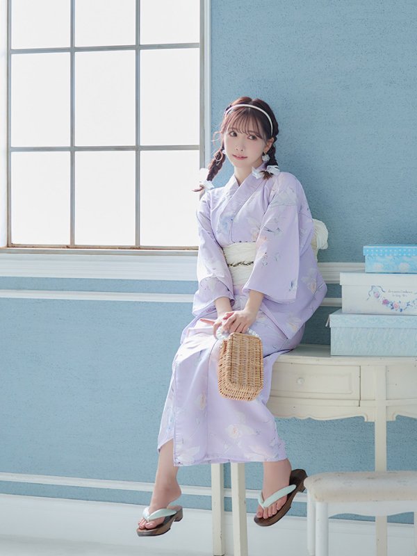画像14: 【浴衣セール！】【即日発送】 ライラックの可憐な花浴衣  【浴衣３点セット 浴衣/帯/下駄】[YMT] (14)