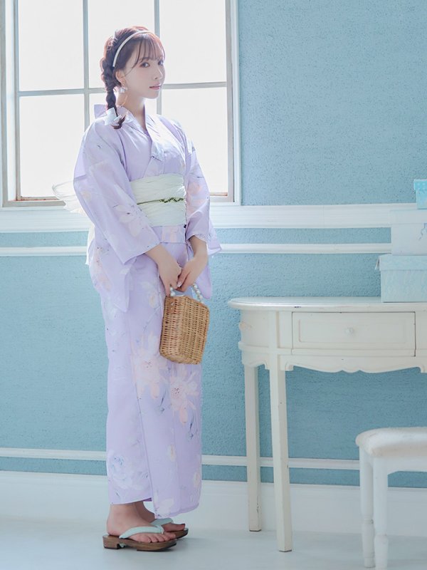 画像15: 【浴衣セール！】【即日発送】 ライラックの可憐な花浴衣  【浴衣３点セット 浴衣/帯/下駄】[YMT] (15)