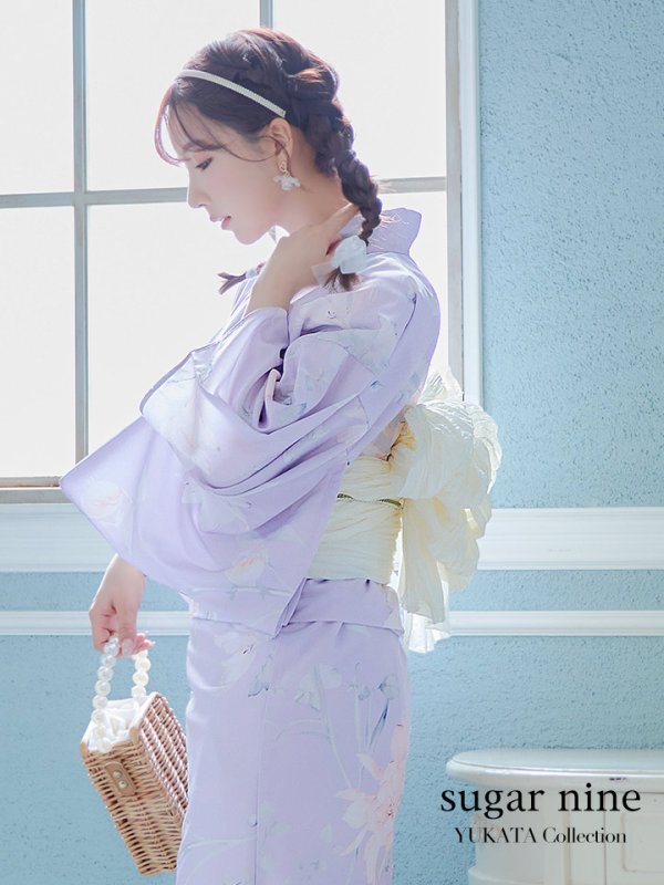 画像3: 【浴衣セール！】【即日発送】 ライラックの可憐な花浴衣  【浴衣３点セット 浴衣/帯/下駄】[YMT] (3)