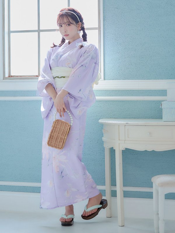 画像4: 【浴衣セール！】【即日発送】 ライラックの可憐な花浴衣  【浴衣３点セット 浴衣/帯/下駄】[YMT] (4)