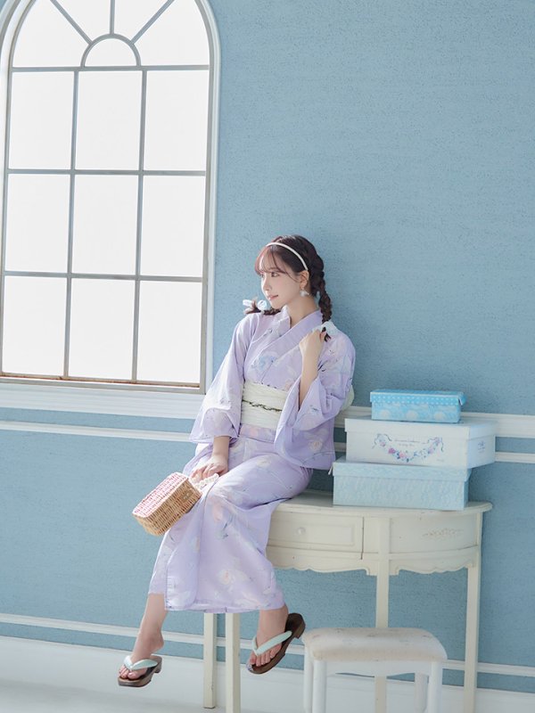 画像9: 【浴衣セール！】【即日発送】 ライラックの可憐な花浴衣  【浴衣３点セット 浴衣/帯/下駄】[YMT] (9)
