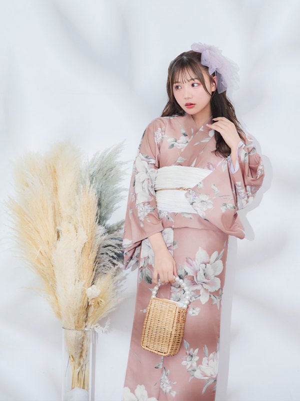 画像10: 【即日発送】大人スウィート/くすみピンク椿浴衣【浴衣３点セット 浴衣/帯/下駄】[YMT] (10)