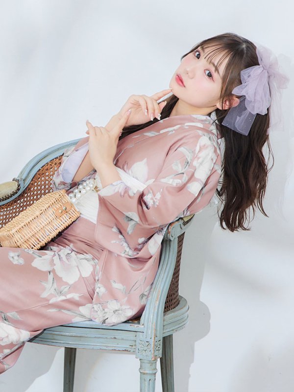 画像11: 【即日発送】大人スウィート/くすみピンク椿浴衣【浴衣３点セット 浴衣/帯/下駄】[YMT] (11)