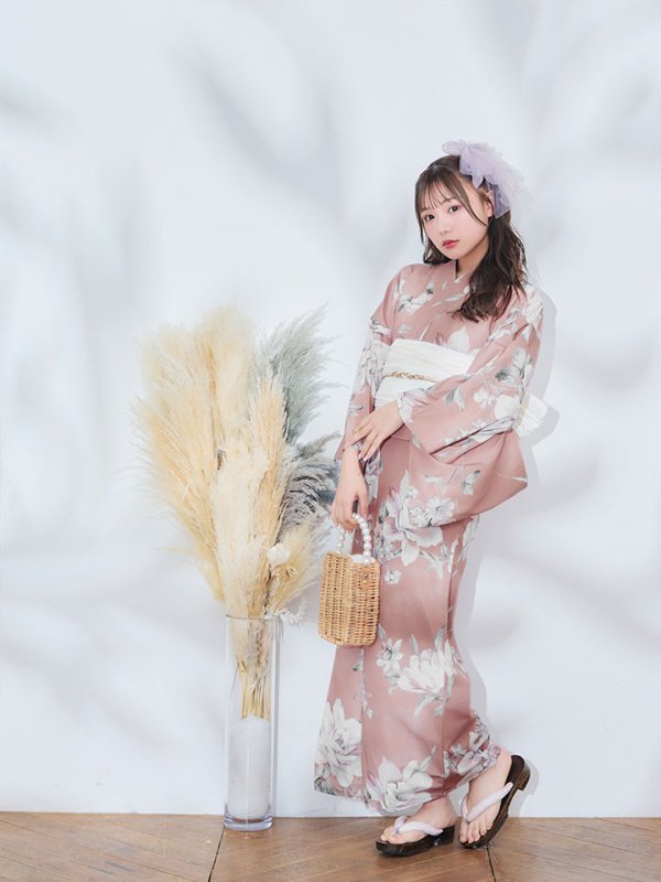 画像12: 【即日発送】大人スウィート/くすみピンク椿浴衣【浴衣３点セット 浴衣/帯/下駄】[YMT] (12)