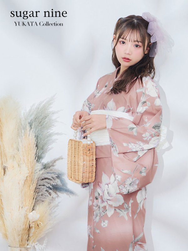 画像2: 【即日発送】大人スウィート/くすみピンク椿浴衣【浴衣３点セット 浴衣/帯/下駄】[YMT] (2)