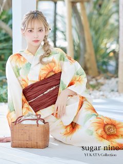 アイボリー×ひまわりストライプ柄浴衣  