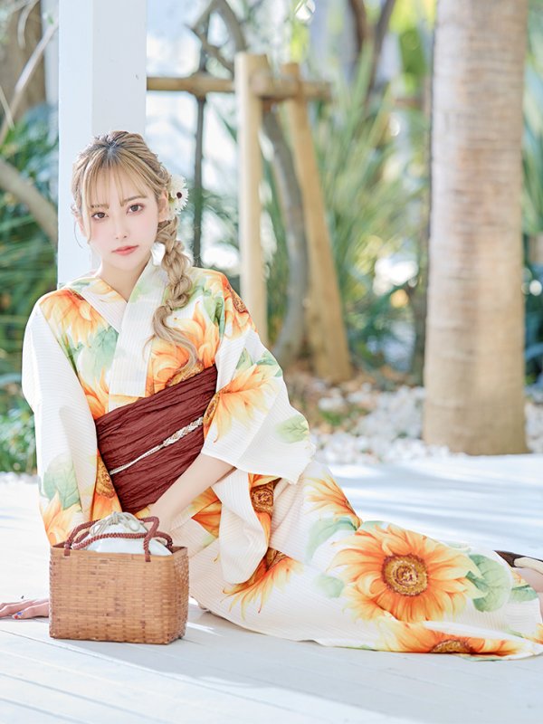 画像9: 【即日発送】【浴衣】アイボリー×ひまわりストライプ柄浴衣 向日葵  【浴衣３点セット 浴衣/帯/下駄】[FB02] (9)