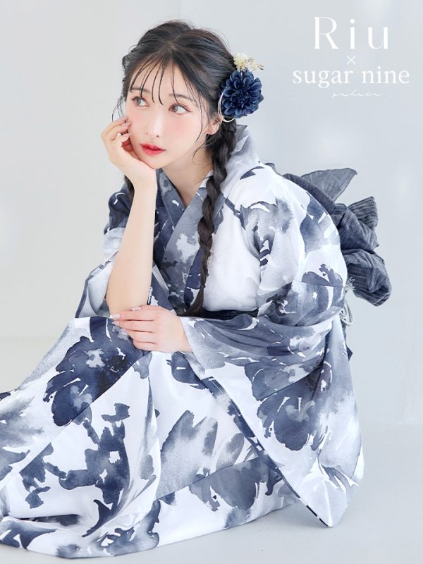画像1: 【即日発送】【Riuコラボ】水彩グラデーション椿浴衣  【浴衣３点セット 浴衣/帯/下駄】【YMT】 (1)
