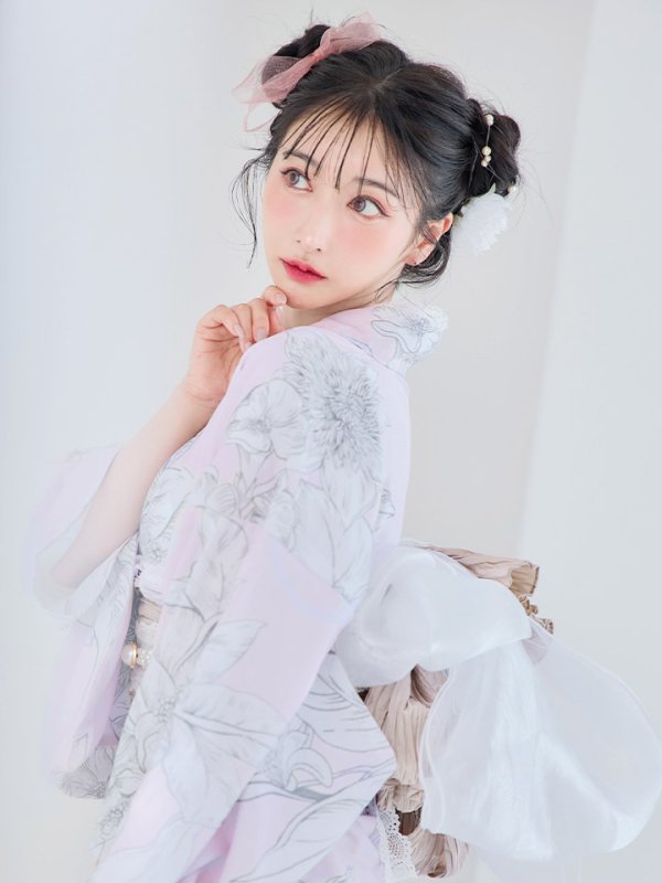 画像11: 【即日発送！】【Riuコラボ】ライトピンクx百合リボン浴衣  【浴衣３点セット 浴衣/帯/下駄】[YMT] (11)