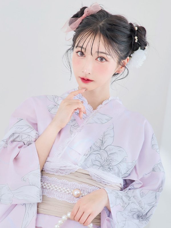 画像14: 【即日発送！】【Riuコラボ】ライトピンクx百合リボン浴衣  【浴衣３点セット 浴衣/帯/下駄】[YMT] (14)