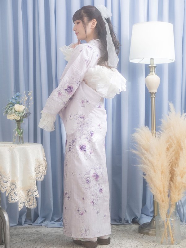 画像4: 【浴衣セール！】【即日発送】可憐なパープルxホワイト牡丹浴衣  【浴衣３点セット 浴衣/帯/下駄】[YMT] (4)