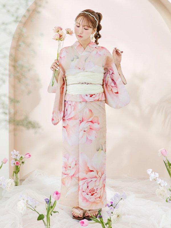 画像4: 【即日発送！】くすみピンクスウィート牡丹浴衣  【浴衣３点セット 浴衣/帯/下駄】[YMT] (4)