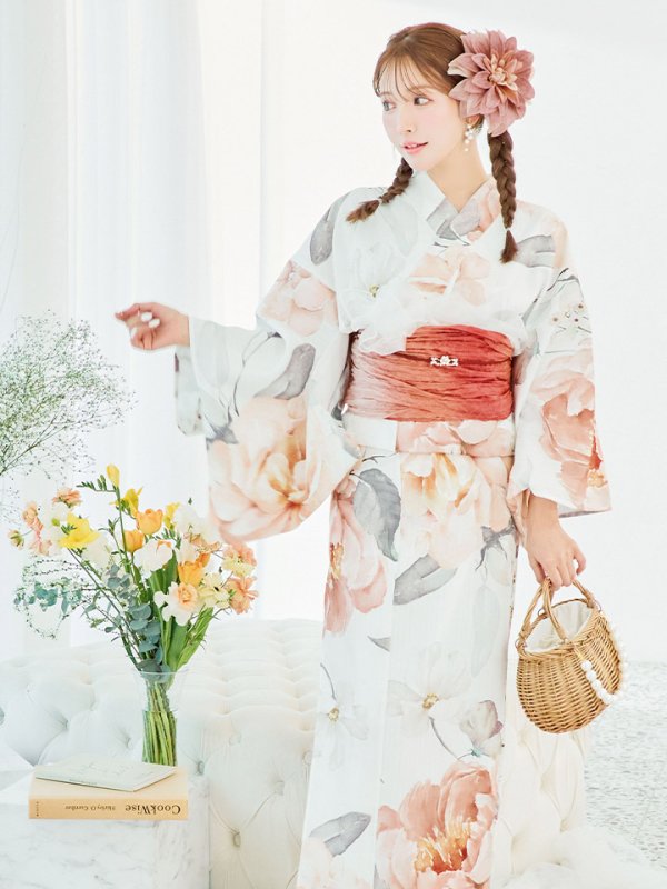 画像10: 【即日発送】アプリコットピンク牡丹浴衣  【浴衣３点セット 浴衣/帯/下駄】[YMT] (10)