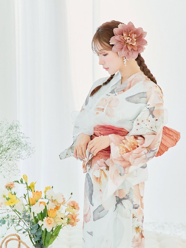 画像12: 【即日発送】アプリコットピンク牡丹浴衣  【浴衣３点セット 浴衣/帯/下駄】[YMT] (12)