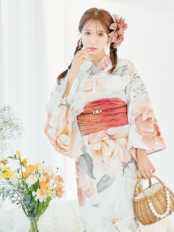 画像14: 【即日発送】アプリコットピンク牡丹浴衣  【浴衣３点セット 浴衣/帯/下駄】[YMT] (14)