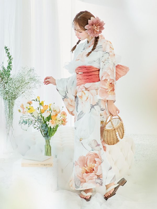 画像3: 【即日発送】アプリコットピンク牡丹浴衣  【浴衣３点セット 浴衣/帯/下駄】[YMT] (3)