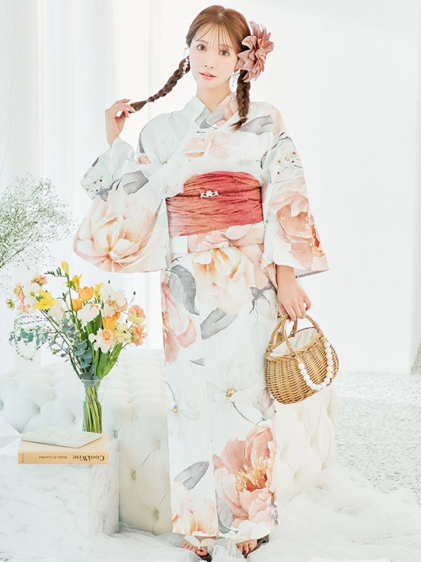 画像4: 【即日発送】アプリコットピンク牡丹浴衣  【浴衣３点セット 浴衣/帯/下駄】[YMT] (4)