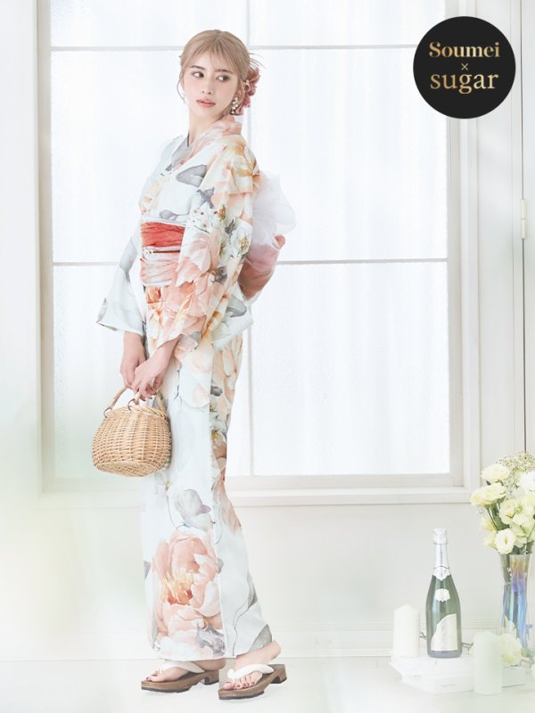 画像3: 【即日発送】アプリコットピンク牡丹浴衣  【浴衣３点セット 浴衣/帯/下駄】[YMT] (3)