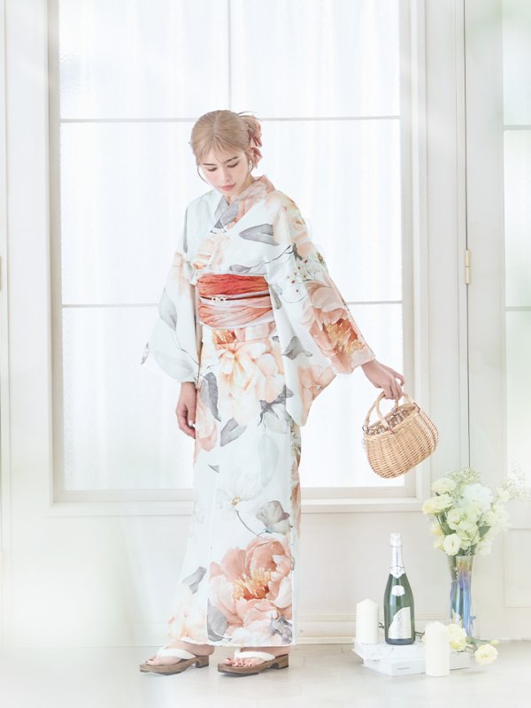 画像5: 【即日発送】アプリコットピンク牡丹浴衣  【浴衣３点セット 浴衣/帯/下駄】[YMT] (5)