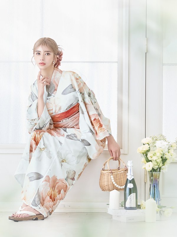 画像8: 【即日発送】アプリコットピンク牡丹浴衣  【浴衣３点セット 浴衣/帯/下駄】[YMT] (8)