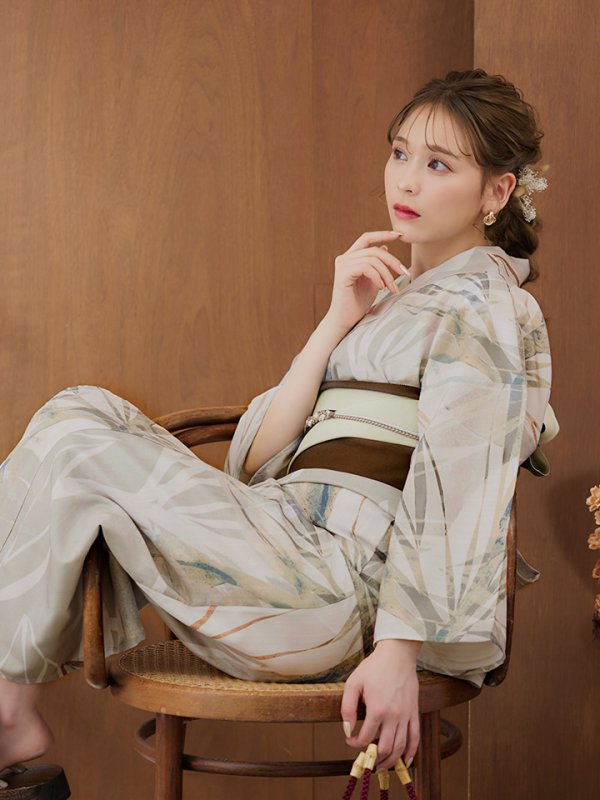 画像7: 【即日発送】【浴衣セール！】ヘルシーリーフ柄ベージュ浴衣  【浴衣３点セット 浴衣/帯/下駄】[YMT] (7)