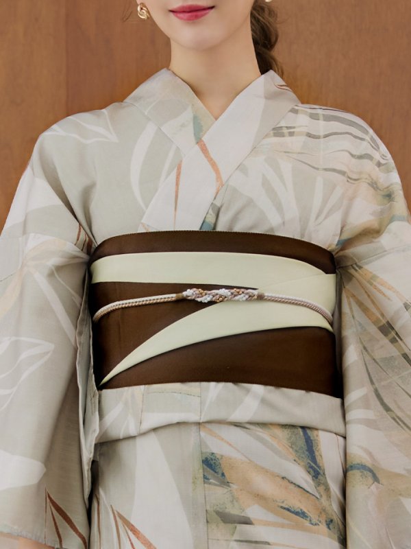 画像16: 【即日発送】【浴衣セール！】ヘルシーリーフ柄ベージュ浴衣  【浴衣３点セット 浴衣/帯/下駄】[YMT] (16)