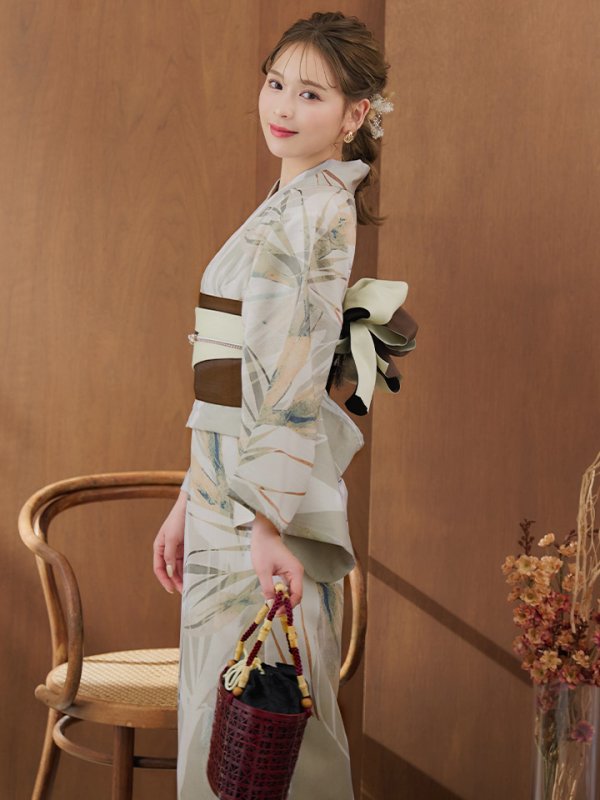 画像12: 【即日発送】【浴衣セール！】ヘルシーリーフ柄ベージュ浴衣  【浴衣３点セット 浴衣/帯/下駄】[YMT] (12)