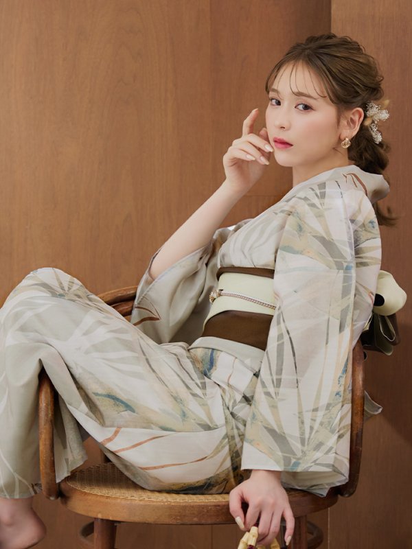 画像3: 【即日発送】【浴衣セール！】ヘルシーリーフ柄ベージュ浴衣  【浴衣３点セット 浴衣/帯/下駄】[YMT] (3)