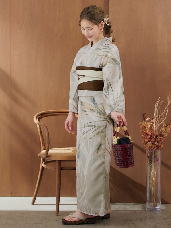 画像13: 【即日発送】【浴衣セール！】ヘルシーリーフ柄ベージュ浴衣  【浴衣３点セット 浴衣/帯/下駄】[YMT] (13)