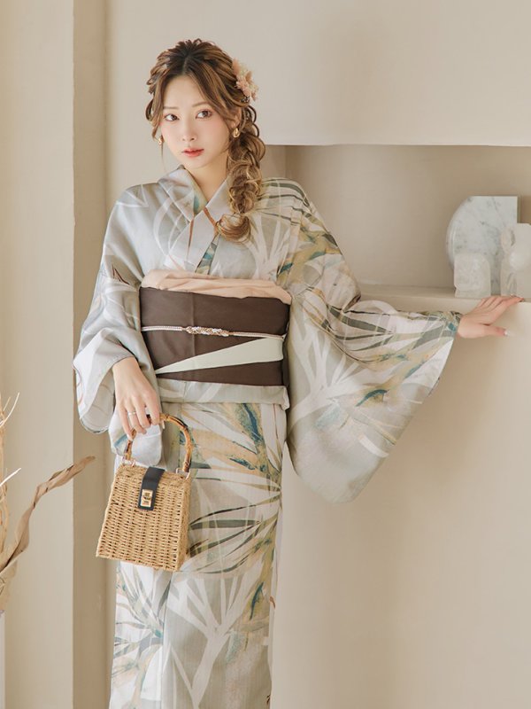 画像10: 【即日発送】【浴衣セール！】ヘルシーリーフ柄ベージュ浴衣  【浴衣３点セット 浴衣/帯/下駄】[YMT] (10)