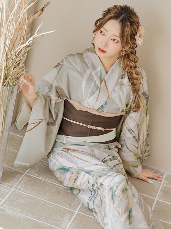画像11: 【即日発送】【浴衣セール！】ヘルシーリーフ柄ベージュ浴衣  【浴衣３点セット 浴衣/帯/下駄】[YMT] (11)
