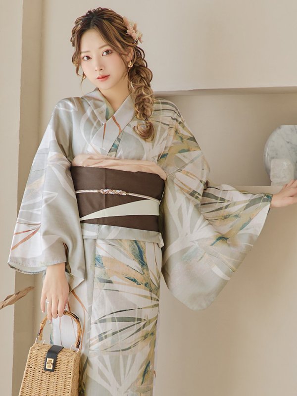 画像12: 【即日発送】【浴衣セール！】ヘルシーリーフ柄ベージュ浴衣  【浴衣３点セット 浴衣/帯/下駄】[YMT] (12)