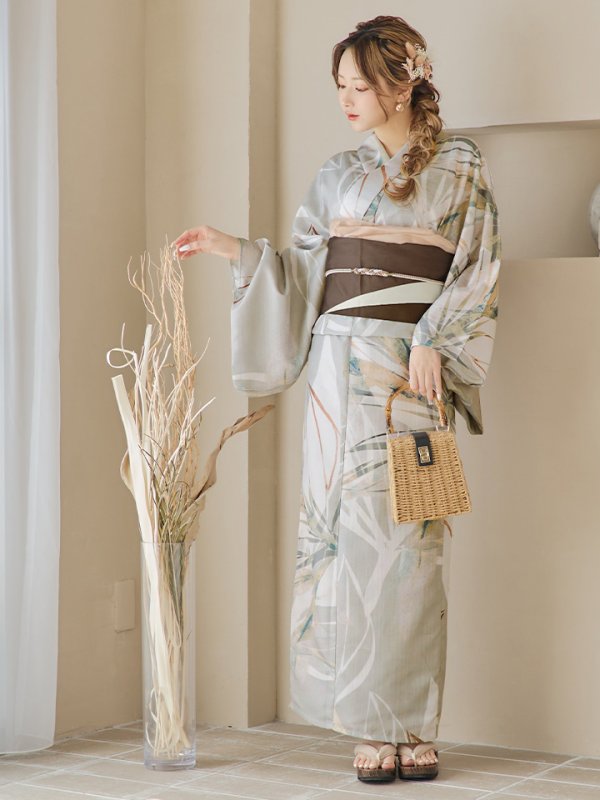 画像14: 【即日発送】【浴衣セール！】ヘルシーリーフ柄ベージュ浴衣  【浴衣３点セット 浴衣/帯/下駄】[YMT] (14)