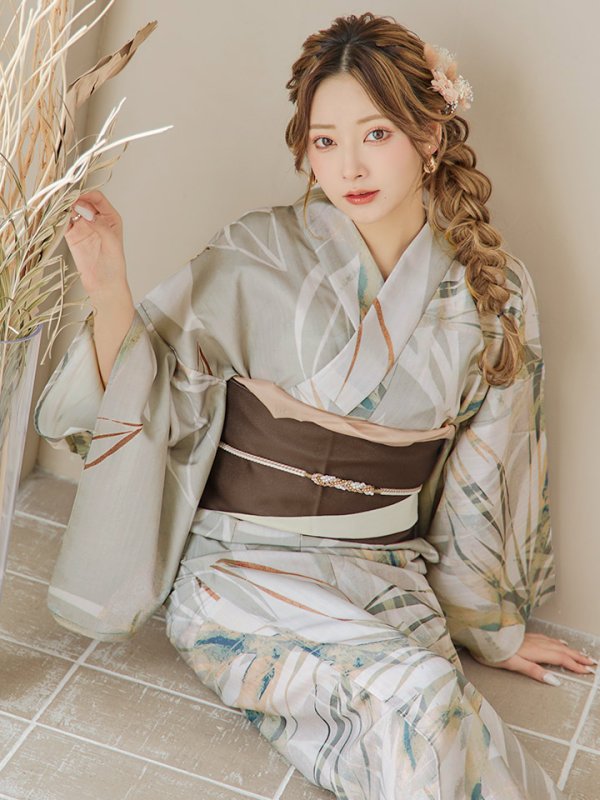 画像15: 【即日発送】【浴衣セール！】ヘルシーリーフ柄ベージュ浴衣  【浴衣３点セット 浴衣/帯/下駄】[YMT] (15)