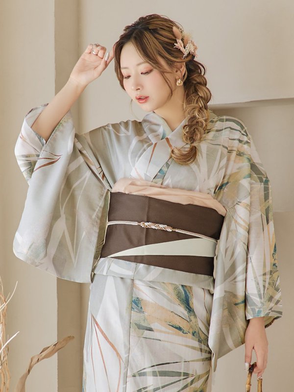 画像19: 【即日発送】【浴衣セール！】ヘルシーリーフ柄ベージュ浴衣  【浴衣３点セット 浴衣/帯/下駄】[YMT] (19)