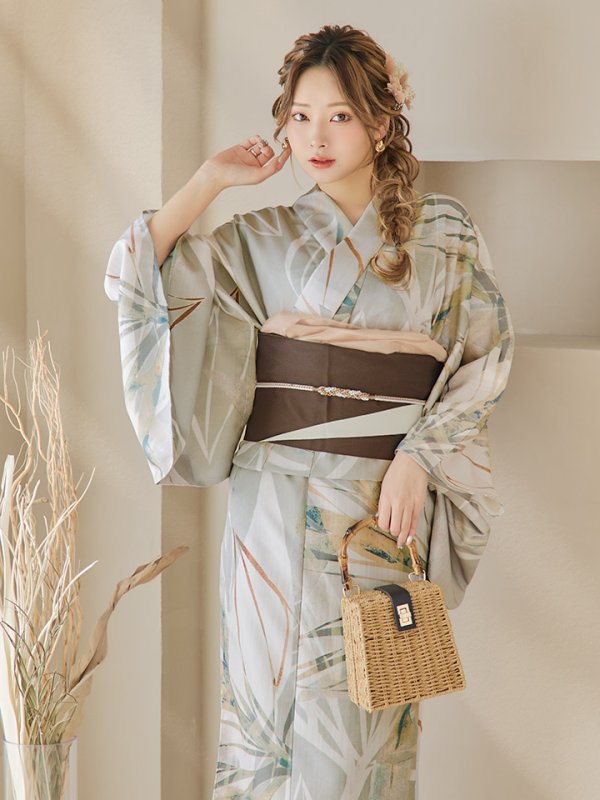 画像2: 【即日発送】【浴衣セール！】ヘルシーリーフ柄ベージュ浴衣  【浴衣３点セット 浴衣/帯/下駄】[YMT] (2)