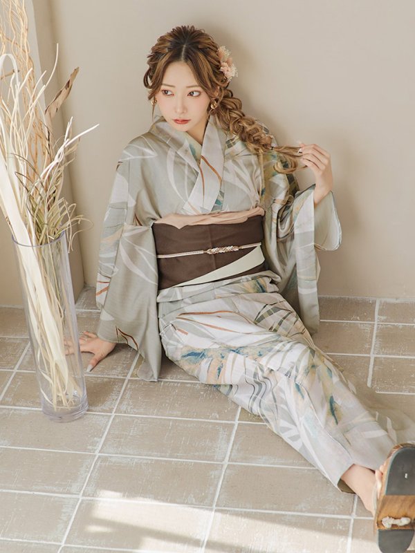 画像3: 【即日発送】【浴衣セール！】ヘルシーリーフ柄ベージュ浴衣  【浴衣３点セット 浴衣/帯/下駄】[YMT] (3)