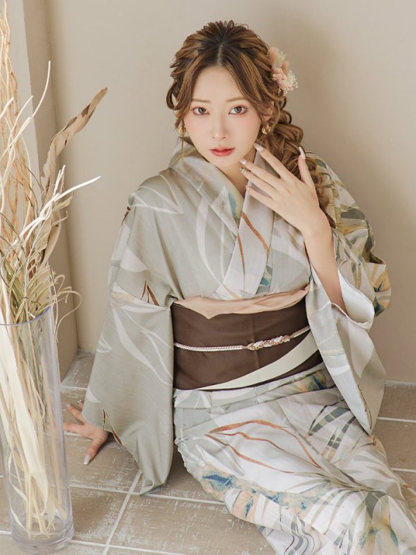 画像6: 【即日発送】【浴衣セール！】ヘルシーリーフ柄ベージュ浴衣  【浴衣３点セット 浴衣/帯/下駄】[YMT] (6)