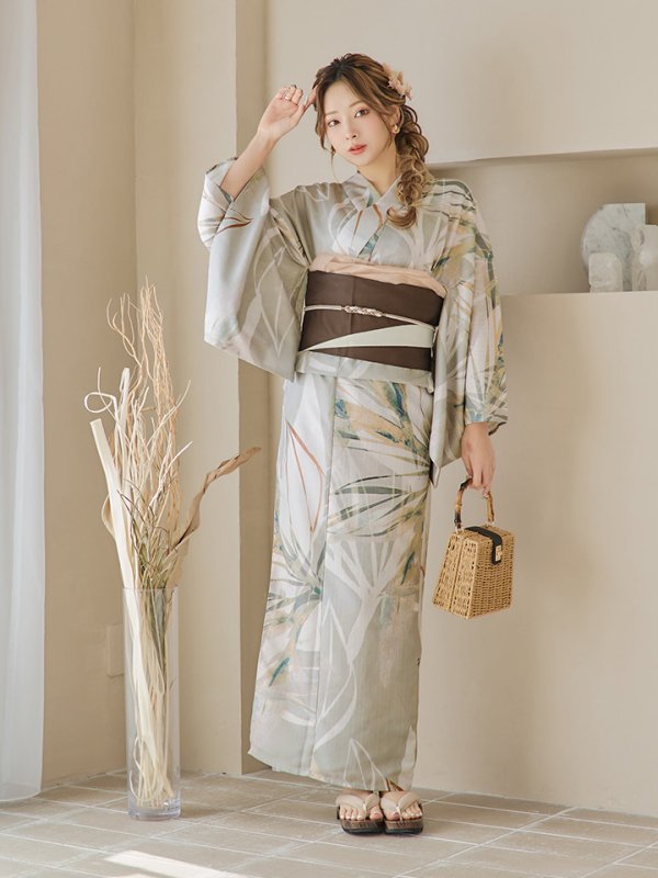 画像9: 【即日発送】【浴衣セール！】ヘルシーリーフ柄ベージュ浴衣  【浴衣３点セット 浴衣/帯/下駄】[YMT] (9)