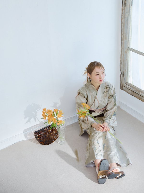 画像10: 【浴衣セール！】【即日発送】ヘルシーリーフ柄ベージュ浴衣  【浴衣３点セット 浴衣/帯/下駄】[YMT] (10)