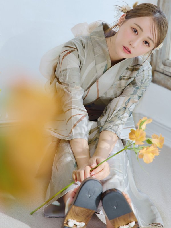 画像14: 【浴衣セール！】【即日発送】ヘルシーリーフ柄ベージュ浴衣  【浴衣３点セット 浴衣/帯/下駄】[YMT] (14)