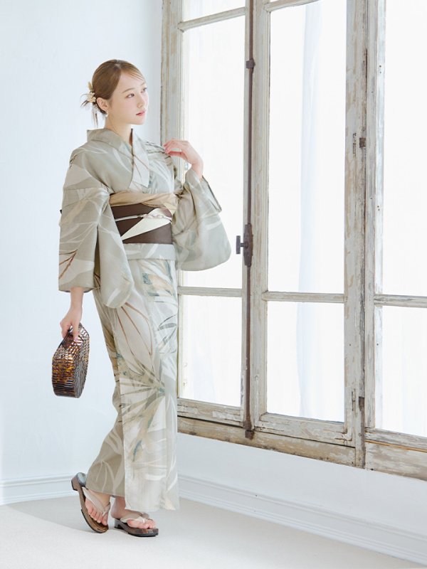 画像7: 【浴衣セール！】【即日発送】ヘルシーリーフ柄ベージュ浴衣  【浴衣３点セット 浴衣/帯/下駄】[YMT] (7)