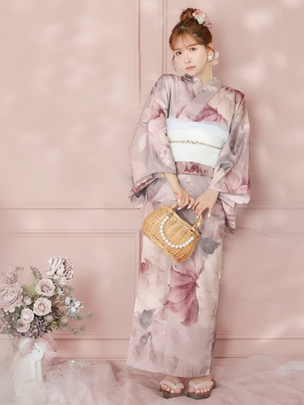 画像4: 【即日発送】アンティークフラワーピンク浴衣  【浴衣３点セット 浴衣/帯/下駄】[YMT] (4)