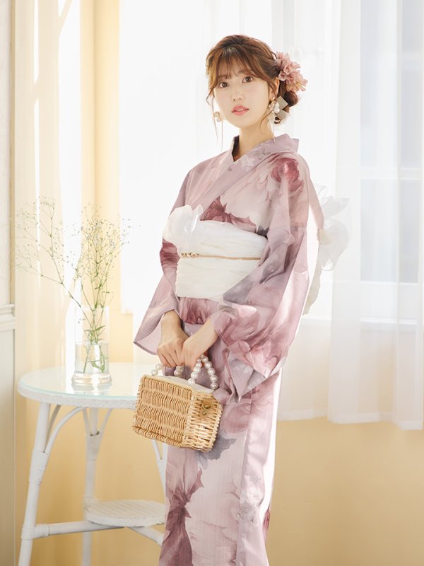 画像2: 【即日発送】アンティークフラワーピンク浴衣  【浴衣３点セット 浴衣/帯/下駄】[YMT] (2)